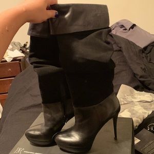 Black suede and leather slouch boots